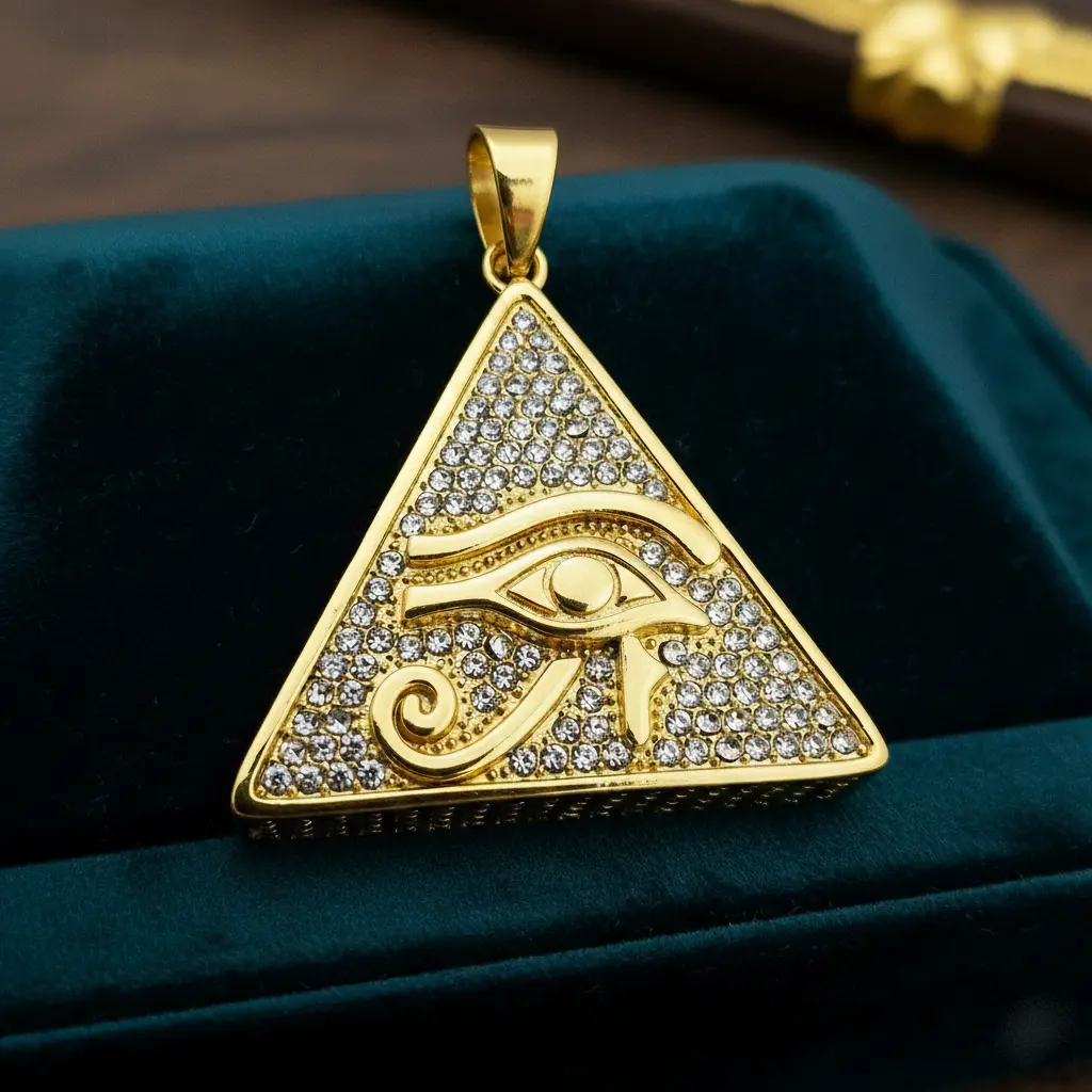 MaxBling81 Unisex Egyptian Horus Eye Pyramid Charm Pendant - 50x40mm Stainless Steel, Iced Cubic Zirconia, Polished Finish, Celebrity Style, Non-Tarnish Jewelry, Brand New, Daily Use, Egyptian Motif, Stylish Accessories, Gift Idea