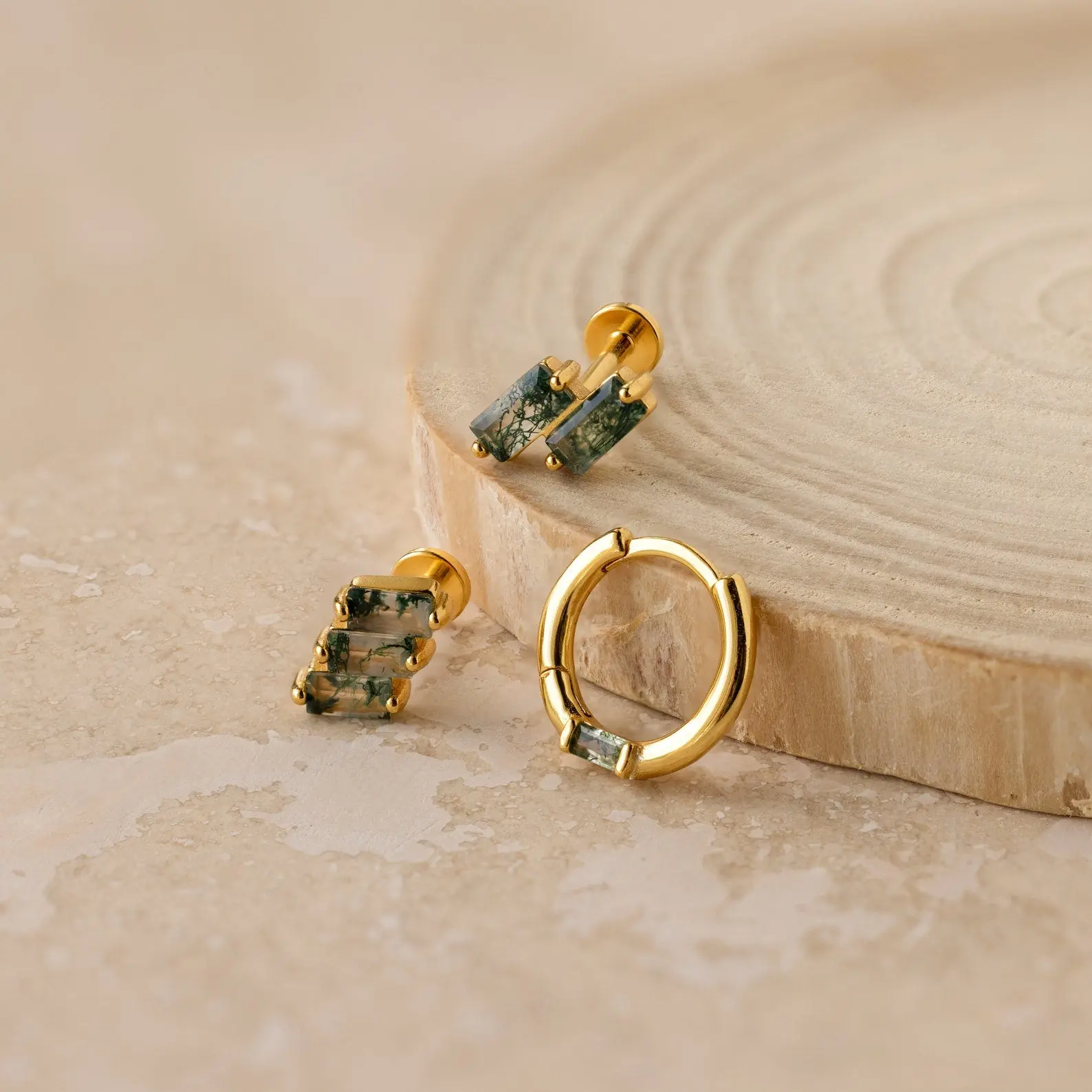 Agate Cartilage Earrings Set by Caitlyn Minimalist - Set of 3 Dainty Green Earrings - Boho Gemstone Jewelry - Perfect Gift for Her