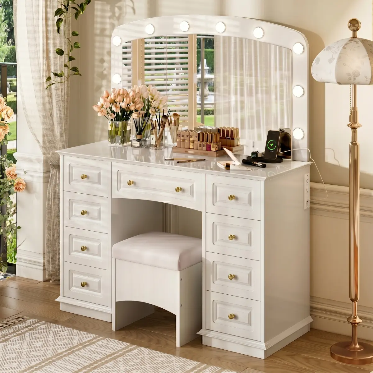 Aobtkel Luxury Makeup Vanity - Full-Size, High-Brightness, Stand-Alone, with 10 Hollywood Bulbs, 3 Color Lighting Modes, Classic Dressing Table, Cushioned Stool, 9 Storage Drawers for Bedroom, White, Full-Size Makeup Vanities, High-Brightness Makeup Vani