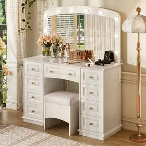 Aobtkel®Luxurious Makeup Vanity with 10 Hollywood Bulbs, 3 Color Lighting Modes, Classic Dressing Table with Cushioned Stool and 9 Storage Drawers for Bedroom, White