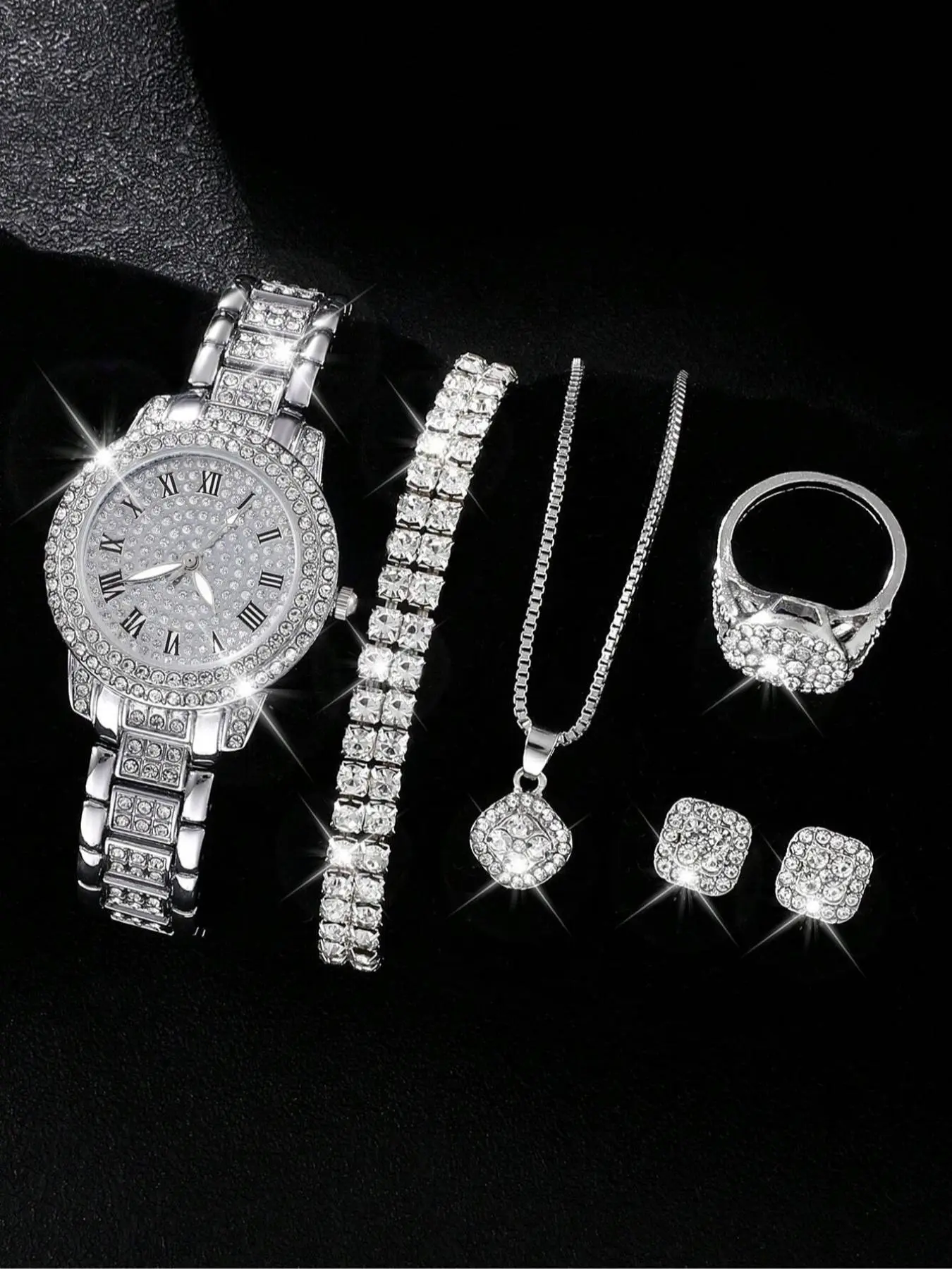 Round Dial Rhinestone Decor Quartz Watch & Bracelet & Necklace & Ring & Earring Set, without Box, Trendy Exquisite Iced Out Luxury Watch Set As Gift for Women for Back To School Gift, Jewelry