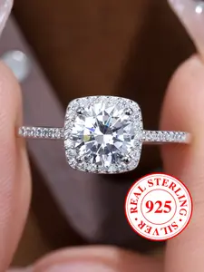 S925 Sterling Silver Ring, Geometric Square Design with Artificial Zircon Rings for Women, Casual Style, Stackable Engagement Ring, Solitaire Ring, Gift for Girls（with Box）