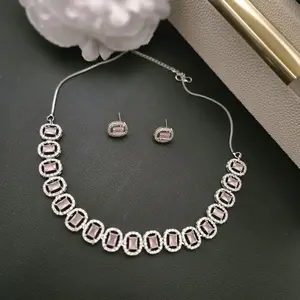 AD Necklace and Stud Set - Elegant Design with Pink Accents and Silver Tone Jewelry Pieces