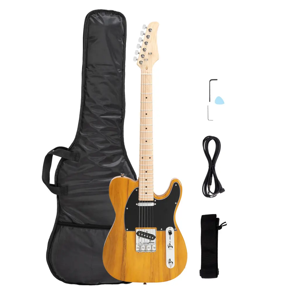 GTL Electric Guitar with Maple Fingerboard, SS Pickup, Transparent Yellow Strings, Wooden Construction, and Guitar Picks, Adjustable Guitar Strap