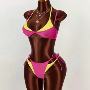 Vibrant Pink & Yellow Bikini Set with Adjustable Straps and Bow Detail for a Stylish Look