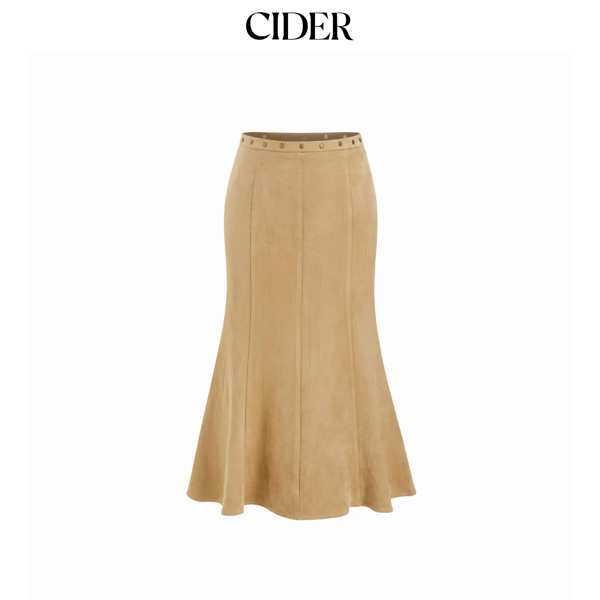 Cider Women's Elegant Solid Suede Mermaid Midi Skirt with a Decorative Metal Hip Accent, Mid-Rise Fit, Bottom