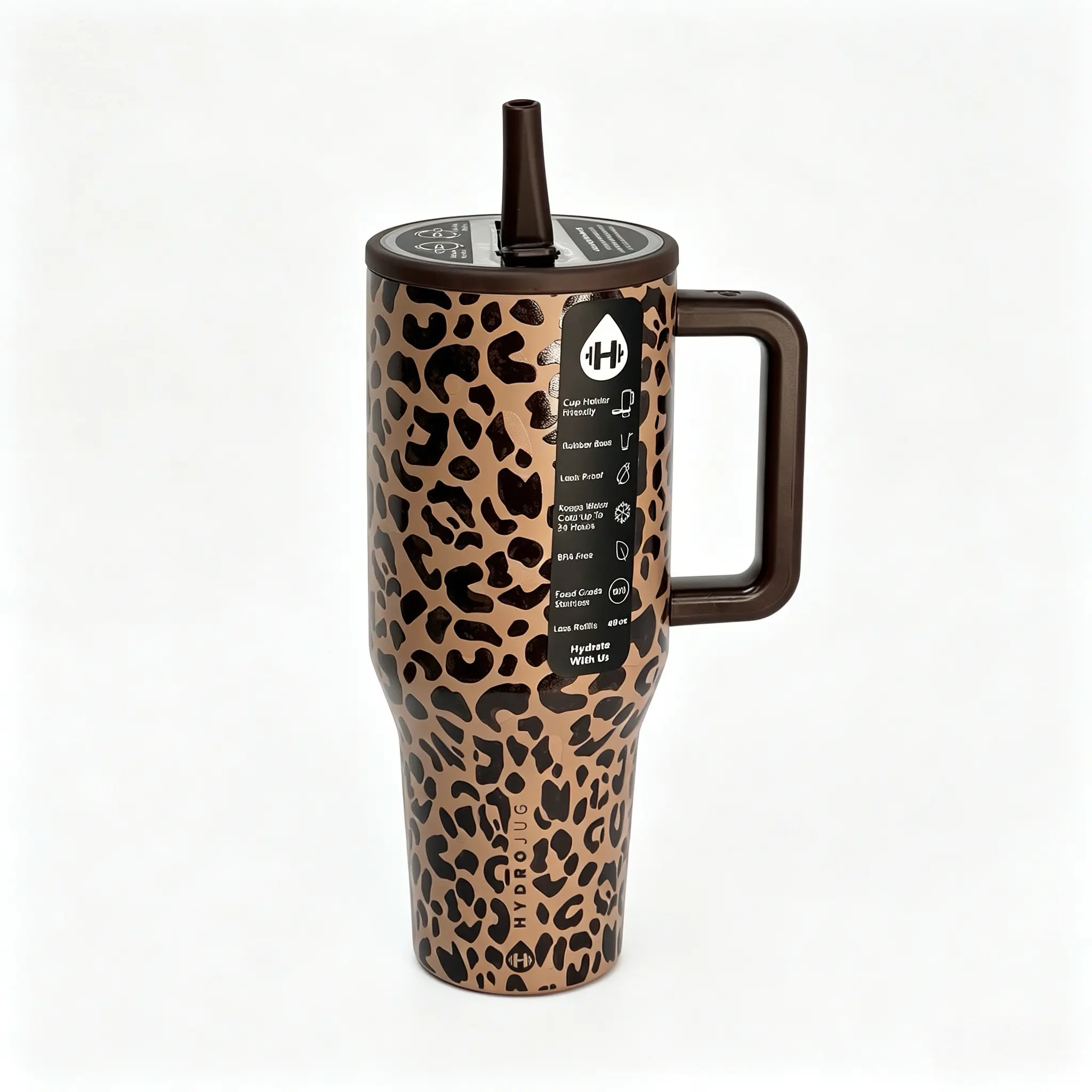 HydroJug 40oz Classic Brown Leopard Print Insulated Water Bottle, Equipped With Flip Straw Lid, Portable Reusable Drink Vessel, 24-Hour Cold Retention, Compatible With Car Cup Holders, Ideal For Fitness, Sports And Outdoor Activities