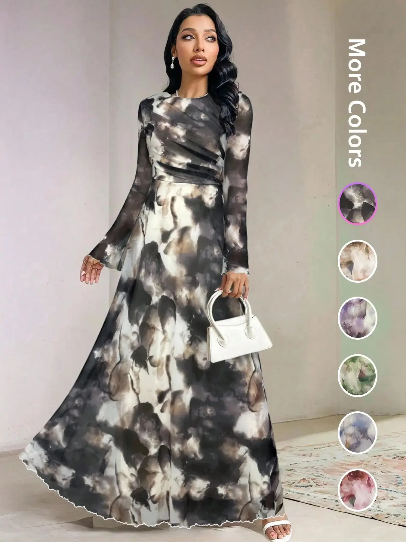 Elegant Women's Tie-Dye Print Long Sleeve Round Neck Maxi Dress, Empire Waist Dress, Multicolor Dress, Womenswear Party Wear Formal Ball Gown, Ladies Fashionable Chic Evening Dresses, Elegant Modesty Dress