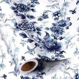 Blue and White Floral Wrapping Paper Roll,  Toile Wrapping Paper for Birthday, Anniversaries, Wedding, Bridal Shower - 17 Inches x 16.4