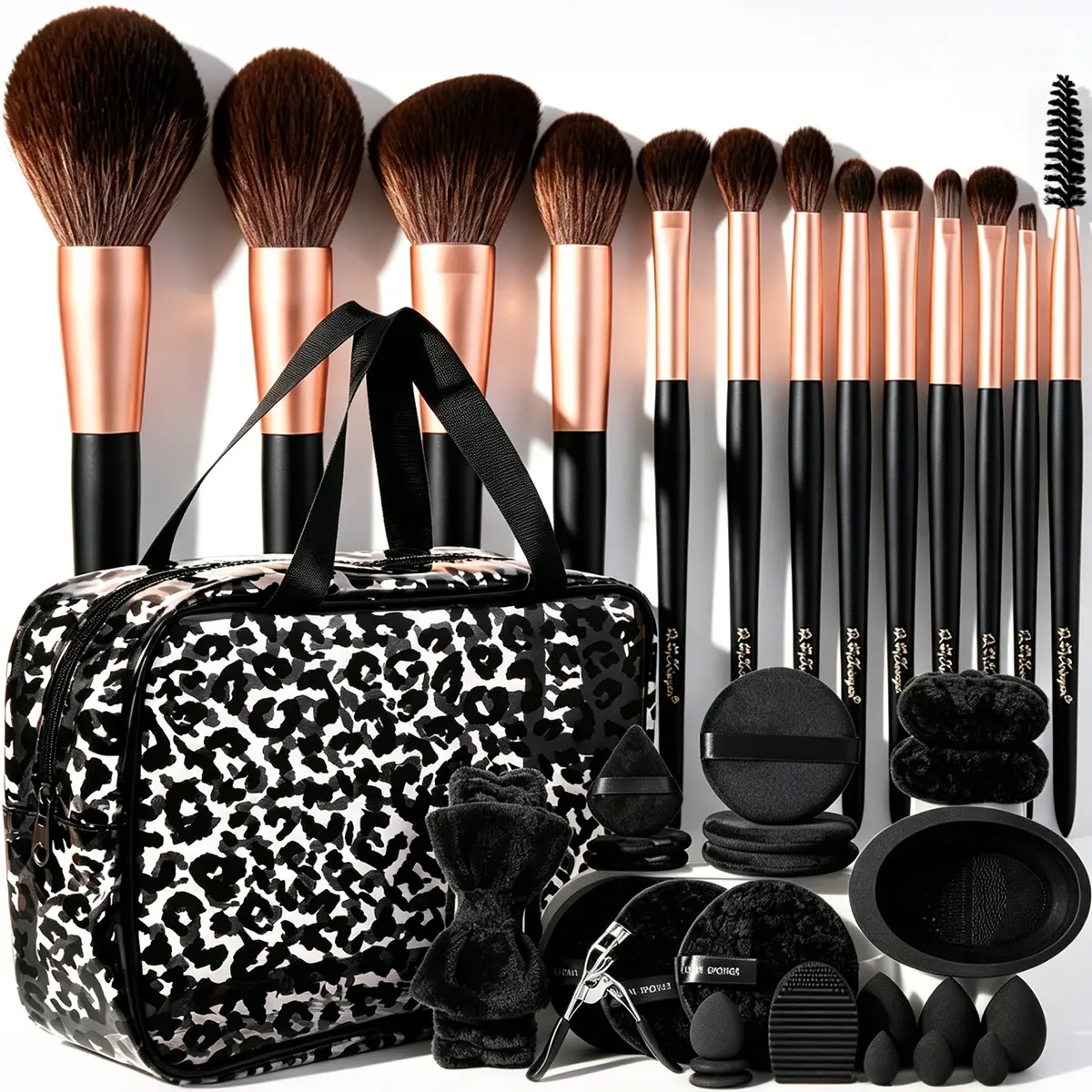 Black Leopard Print All-In-1 Makeup Tools Kit - Soft Synthetic Face & Eye Brushes, Large Capacity Cosmetic Bag, Beauty Sponges, Powder Puffs, Hair Accessories, Eyelash Curler, Silicone Brush Cleaner (Beginner-Friendly for Daily Use & Travel), Flawless, Br