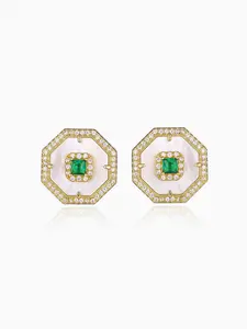 Mother of Pearl Inlay CZ Octagon Stud Earrings