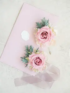Dusty Pink Rose Wrist Corsage & Boutonniere Set - Soft Mauve Pink Prom Corsage, Boho Wedding Flower Girl Wristlet, Homecoming Corsage, Groom Boutonniere, Bridesmaid Corsage Gift with Customizable Ribbon Colors and Silk Flowers