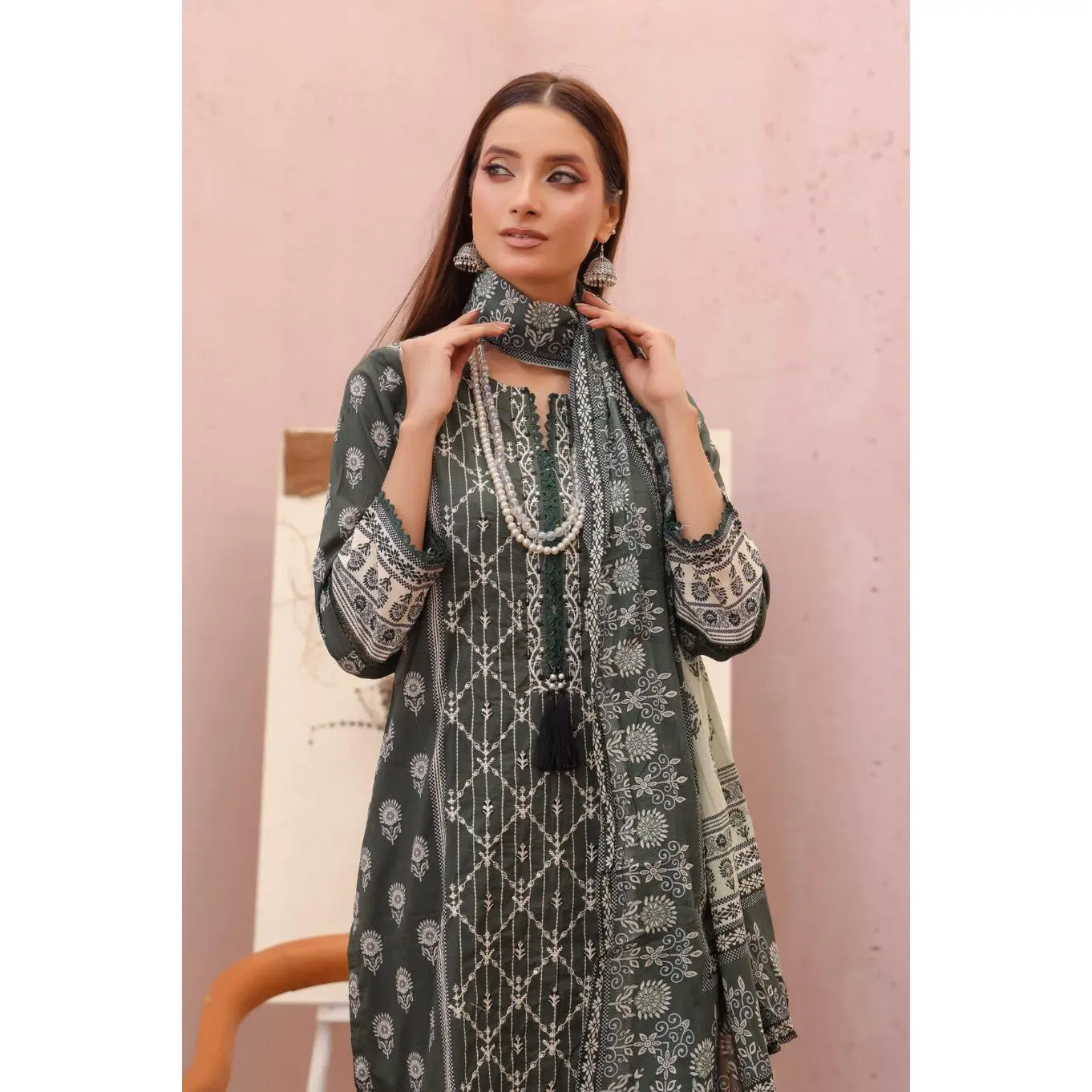 Olive Green 3-Piece Embroidered Lawn Set - TikTok Shop
