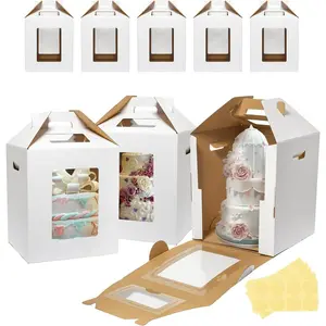 Bakeware 3 Pack Tall Cake Boxes Carrier 12x12x14 Inch with Large Windows & Handle for Tiered Cakes Clear Design Ribbon Included Set