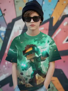Summer Minecraft Pixel Jungle Explorer Kids Short Sleeve T-Shirt, Casual Fitted Design, Random Print, Short Length