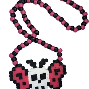 Y2K Themed Skull And Hot Pink Butterfly Rave Kandi Perley Necklace with Pixel Art Design