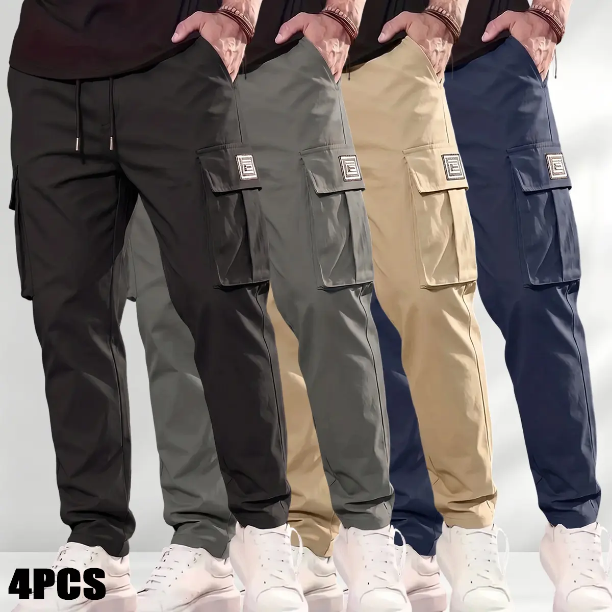 Men's 4PCS Solid Color Tactical Cargo Pants - Elastic Waistband, Multiple Pockets, Decorative Zipper, Various Colors, Suitable for Everyday Wear & Spring/Summer Outdoor Activities