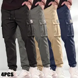 Menswear 4PCS Men’s Solid Color Tactical Work Pants - Elastic Waistband, Multiple Pockets, Decorative Zipper, Various Colors, Suitable for Everyday Wear & Spring/Summer Outdoor Activities