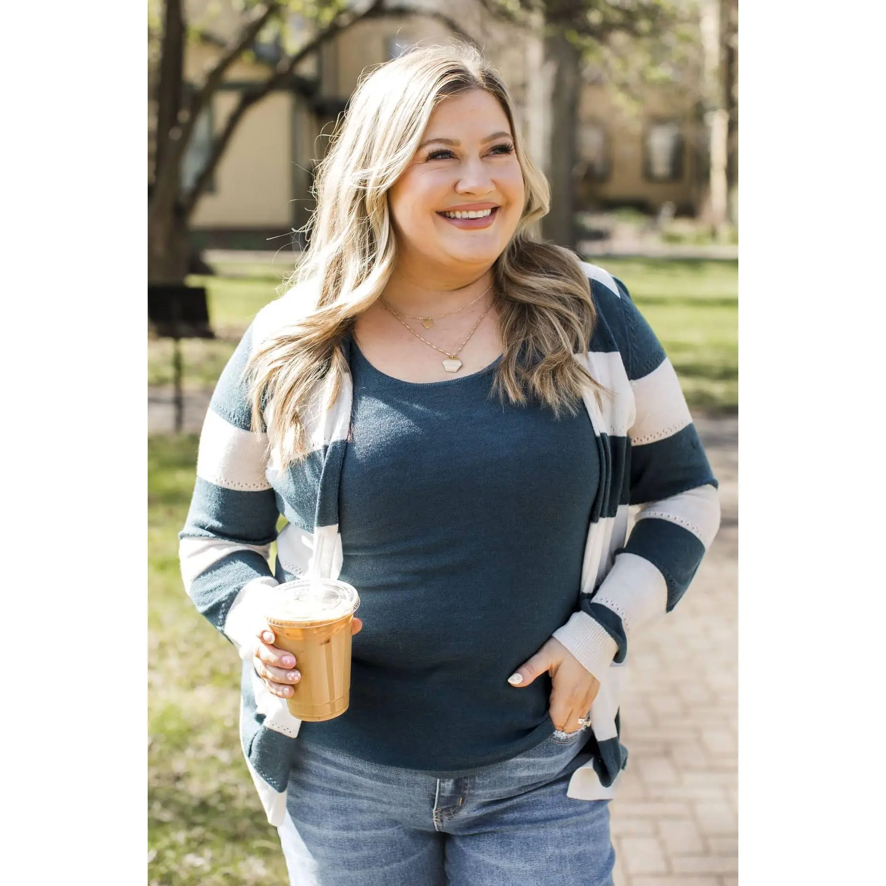 Sweet & Sincere Striped Pointelle Cardigan- Ivory & Dark Teal