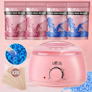 Wax Hair Removal Kit with Warmer, 4 Packs of Wax Beans, 20 Wooden Sticks, Suitable for Face, Legs, Full Body, Smooth Skin Care, Home Waxing Kit