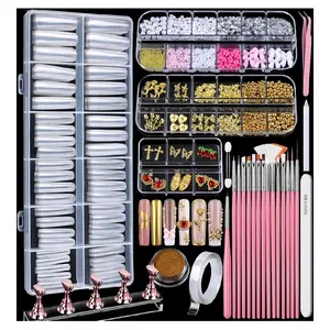 Nail kit Square Nail Tips with Nail Charms Nail Art Brushes, 240pcs XXL Fake Nails with Nail Stand for Extensions, Clear Acrylic Nail Tips Gel Nails Long Full Coverage
