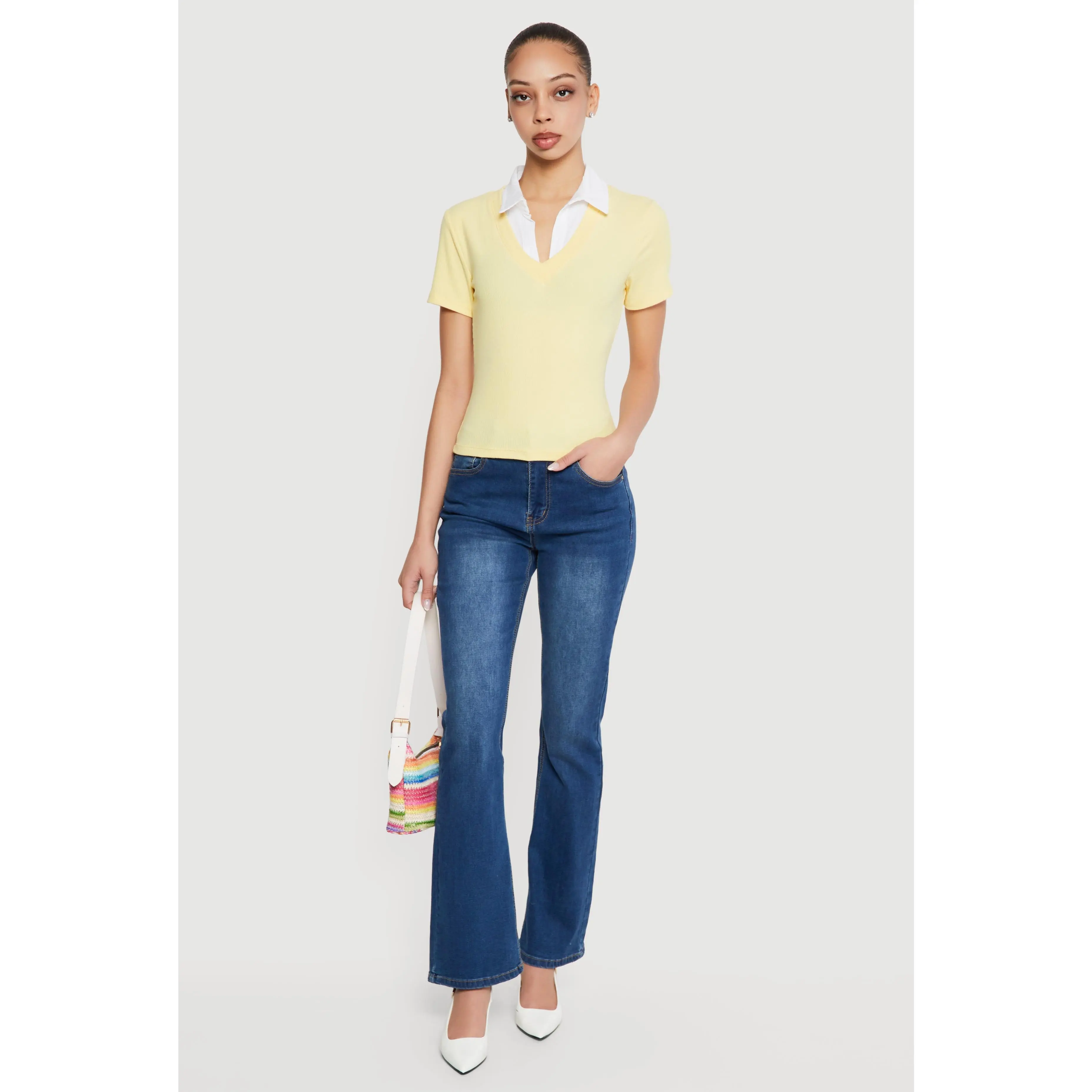 Layered Look Ribbed Knit Polo Top