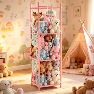 Stuffed Animal Storage, 54.35In Large Stuffed Animal Holder, Plushies Storage with Solid Wood Base&Elastic Cord, Space Save Zoo Toy Organizers for Playroom Bedroom Nursery