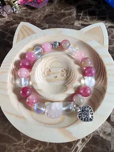 Watermelon Quartz & clear iridescent beads Kitty & charm bracelet
