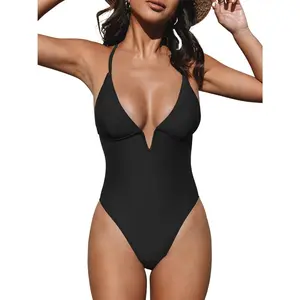 Women Swimsuit One Piece Bathing Suit Deep V Neck Crisscross Back Adjustable Strap