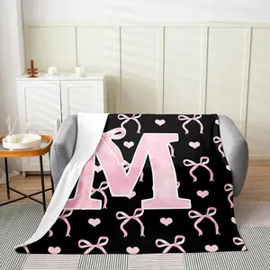 Initial Letter A-Z Flannel Blanket Throw for Girls Black Pink M Alphabet Fleece Blanket Ombre Bow Cute Love Hearts Aesthetic Girly Fairy Microfiber Fuzzy Plush Throw