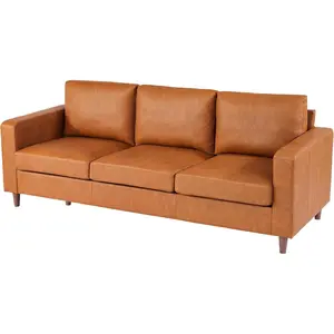 83" Mid-Century Modern 3-Seater Brown Leather Sofa, PU Deep Seat Couch with Armrests & Comfy Cushions for Living Room, Bedroom, Office
