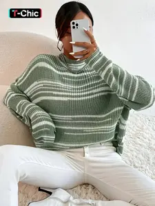 Women's Striped Print Mock Neck Lightweight Knit Sweater, Casual Fashion Drop Shoulder Long Sleeve Jumper for Fall & Winter, Ladies Knitwear for Daily Wear