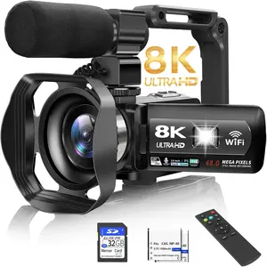 Video Camera, 8K Camcorder 48MP 15FPS UHD WiFi Vlogging Camera with IR Night Vision for YouTube, 3"  Screen 18X Digital Zoom, with Fill Light, Mic, Stabilizer, Lens Hood, Remote and 2