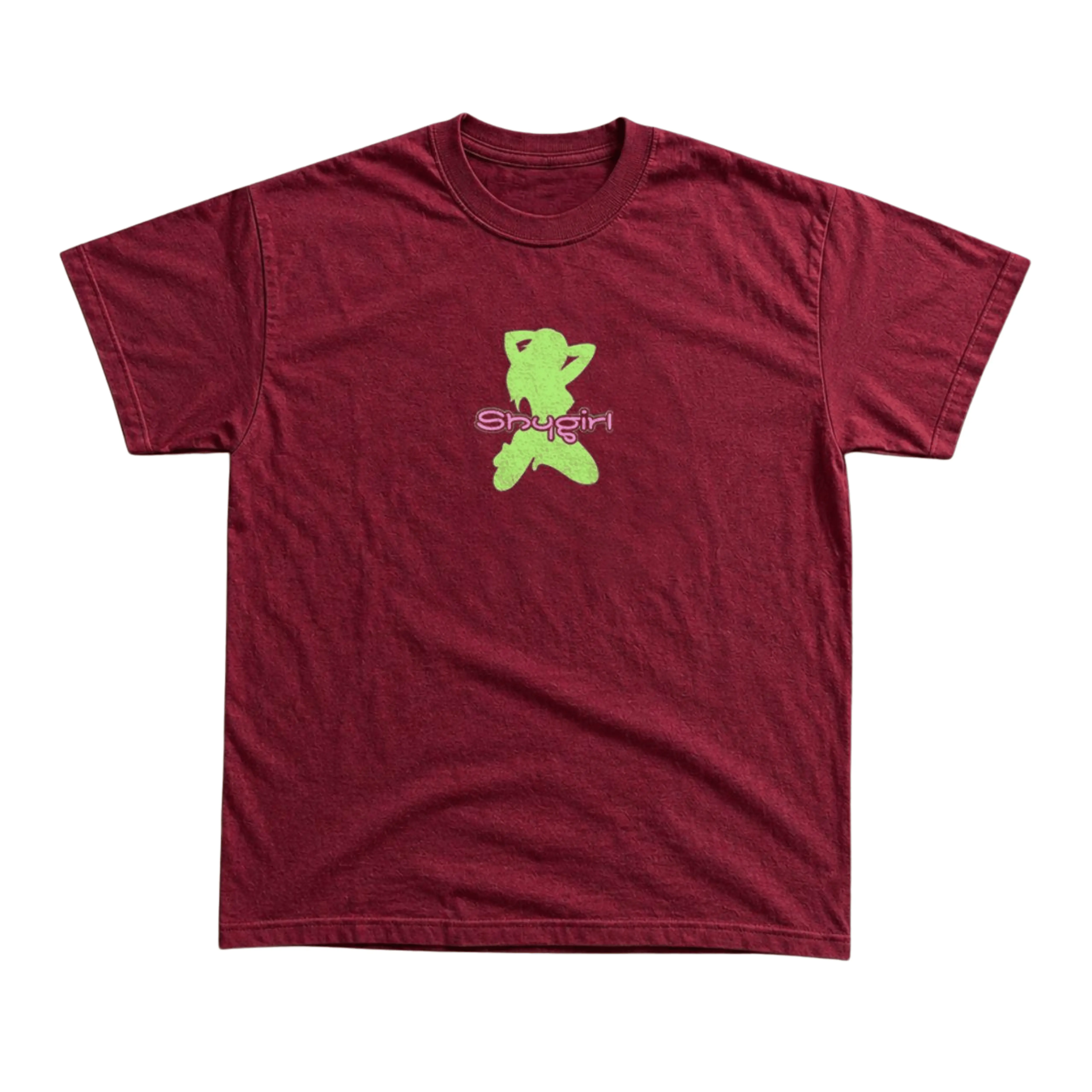 Gildan Men's and Women's T-shirt, Vintage Style Shygirl Graphic Tee, Lime Green Girl Silhouette, Pink Bubble Font, Hyperpop Music Artist Merch, Retro Y2K Cybercore Aesthetic, Rave Club Culture, Edgy Streetwear Top, Unisex Casual Shirt.