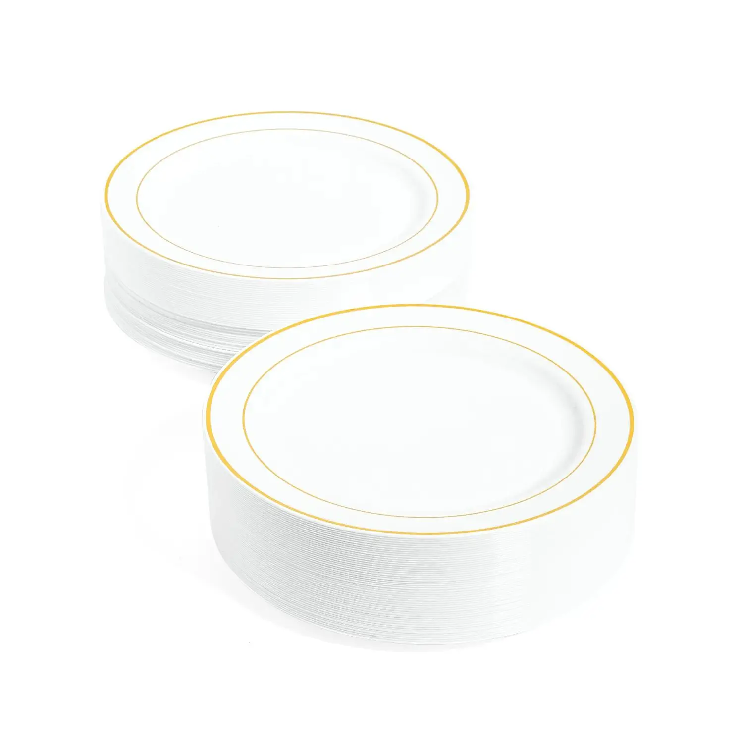 Bulk  100 Ct. White Plastic Dinner Plates with Gold Trim