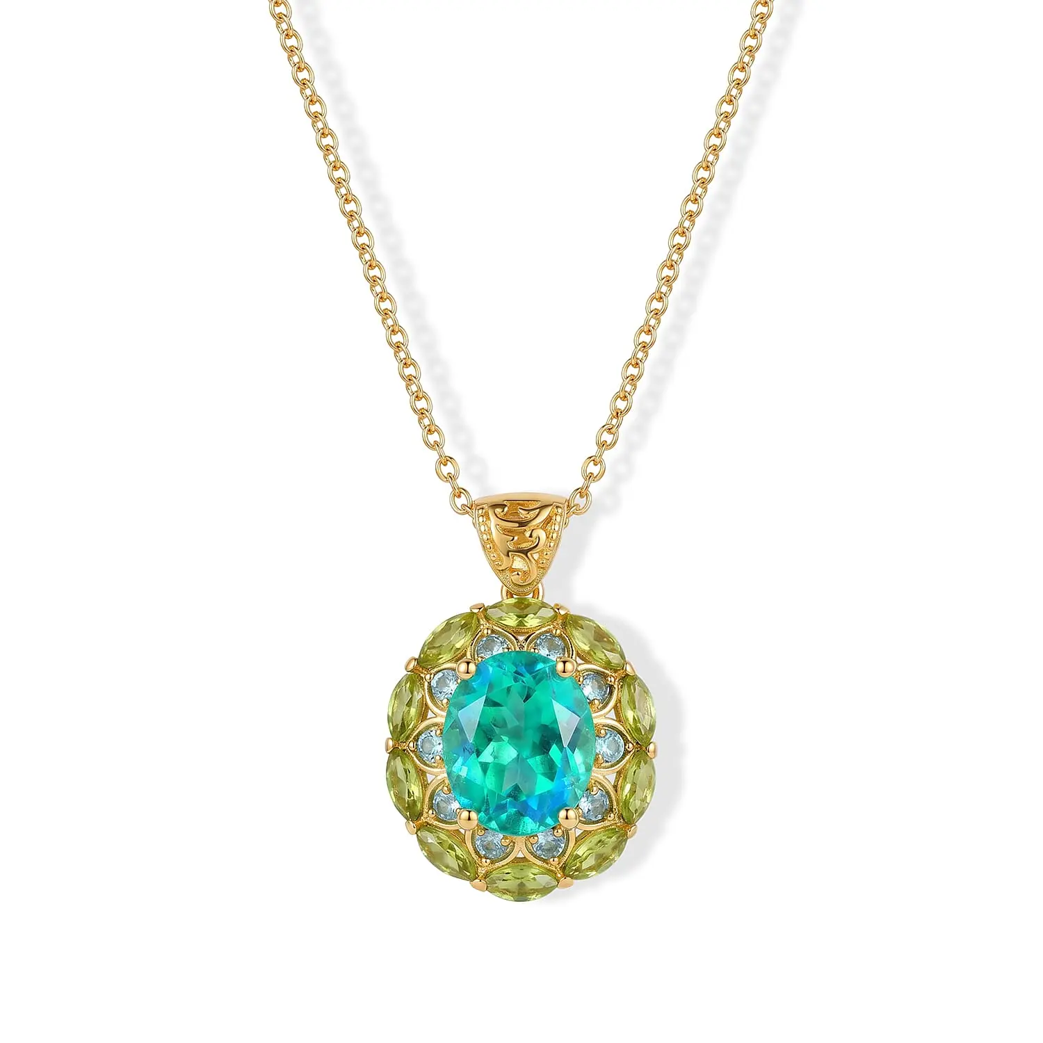 EverTrue Peacock Quartz, Multi Gemstone Royal Peacock Petal Pendant in 18K YG Plated with ION Plated YG Stainless Steel Necklace (20 Inches) 8.50 ctw