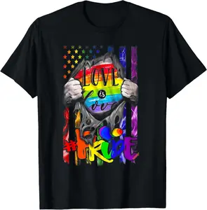 100% Cotton LGBT Love Is Love Pride Flag American Rainbow Gay Pride T-Shirt Round Neck Short Sleeve T-Shirt Women's Men Graphic Tee