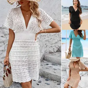 New beach skirt corrugated hollow dress deep V elastic waist Amazon hot-selling beach blouse