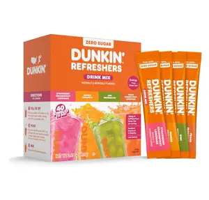 Dunkin’ Refreshers Singles To Go! Powdered drink mix packets, 40 Ct Variety Pack, 40 Single serve Packets per Box (40 servings), Energy from Green Tea, aspartame-free, no synthetic colors, naturally and artificially flavored, just add water