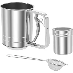 3 in 1 Flour Sifter for Baking, 3 Cup Stainless Steel Double Layer Fine Mesh Sifter, Flour Shaker Duster with Lid, Powdered Sugar Spice Sifter Spoon, Handheld Flour Sieve for Cooking Cakes Desserts