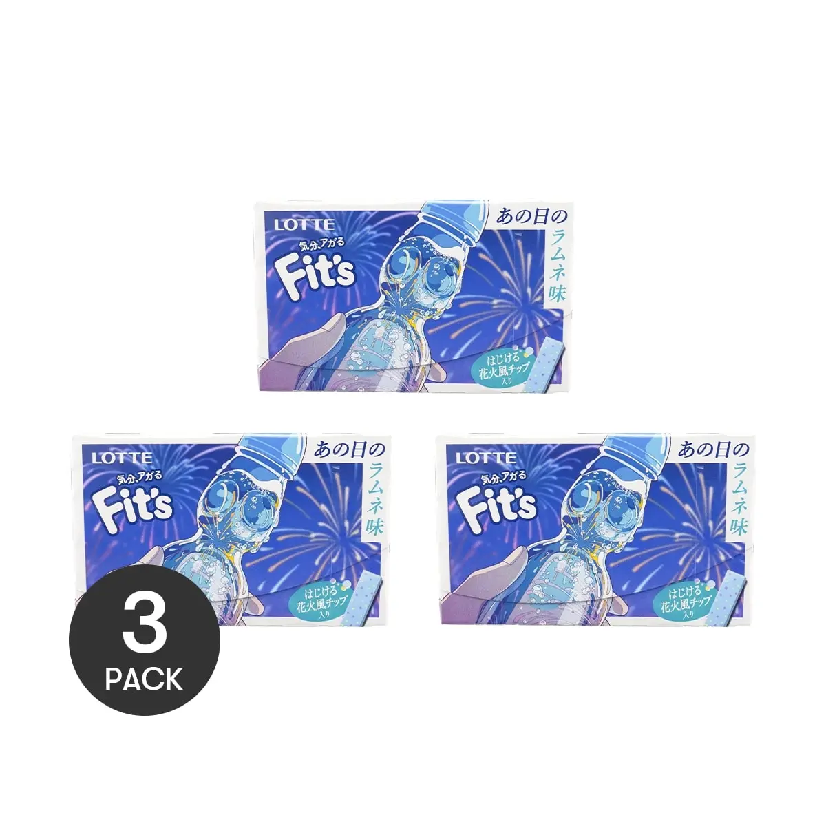 LOTTE Fit's "Ramune" Soda Pop Rocks Gum - 3 Boxes (12 pcs/box) - Japanese Chewing Gum with Popping Candy & Sparkling Bits