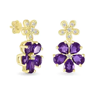 Amethyst and White Sapphire Double Flower Drop Stud Earrings in Solid 10k Yellow Gold
