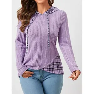 Contrast Plaid Print Drawstring Hoodie,Long Sleeve Tops In Fall/Winter Fabric Fit