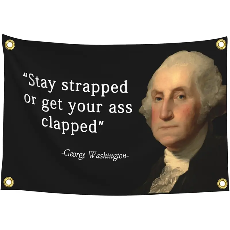 3x5ft Washington "Stay Strapped" Slogan Print Stars and Stripes Flag Tapestry - Durable Decorative Tapestry, Home Supplies, Man Cave Indoor Wall Decor, Watch Party Banner with 4 Brass Grommets, Gift Boxed