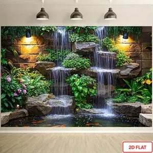 2D Flat Banner Polyester Photography Backdrop, HD Digitally Printed Waterfall Garden Landscape with Pond and Fish, Soft Lightweight Foldable Machine Washable Background Cloth for Photo Studio, Video Background, Livestream, Party D