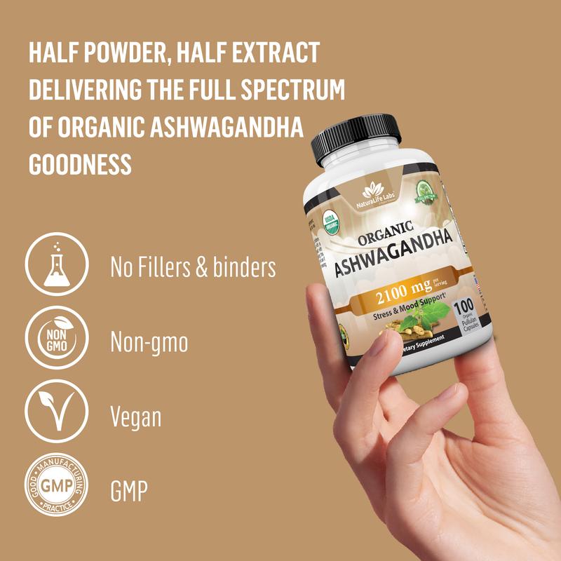 Organic Ashwagandha 2,100 mg per serving Organic Ashwagandha Powder and Root Extract - 100 Vegan Capsules