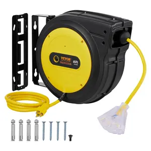 VEVOR Retractable Extension Cord Reel, 65 FT, Heavy Duty 12AWG/3C SJTOW Retractable Power Cord with Lighted Triple Tap Outlet, 15 Amp Circuit Breaker 180 °   Swivel Bracket for Ceiling or Wall Mount