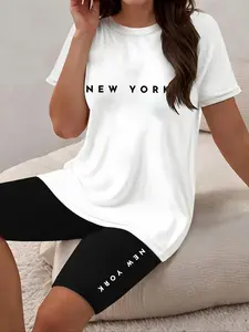letter print two piece set, short sleeve t-shirt & short leggings, women's clothing