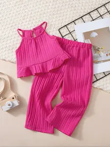 Toddler Girl's Striped Print Peter Pan Collar Tank Top & Wide Leg Suspender Pants Two-Piece Set, Cute Casual Two Piece for Summer, Kids Clothes for Daily Wear