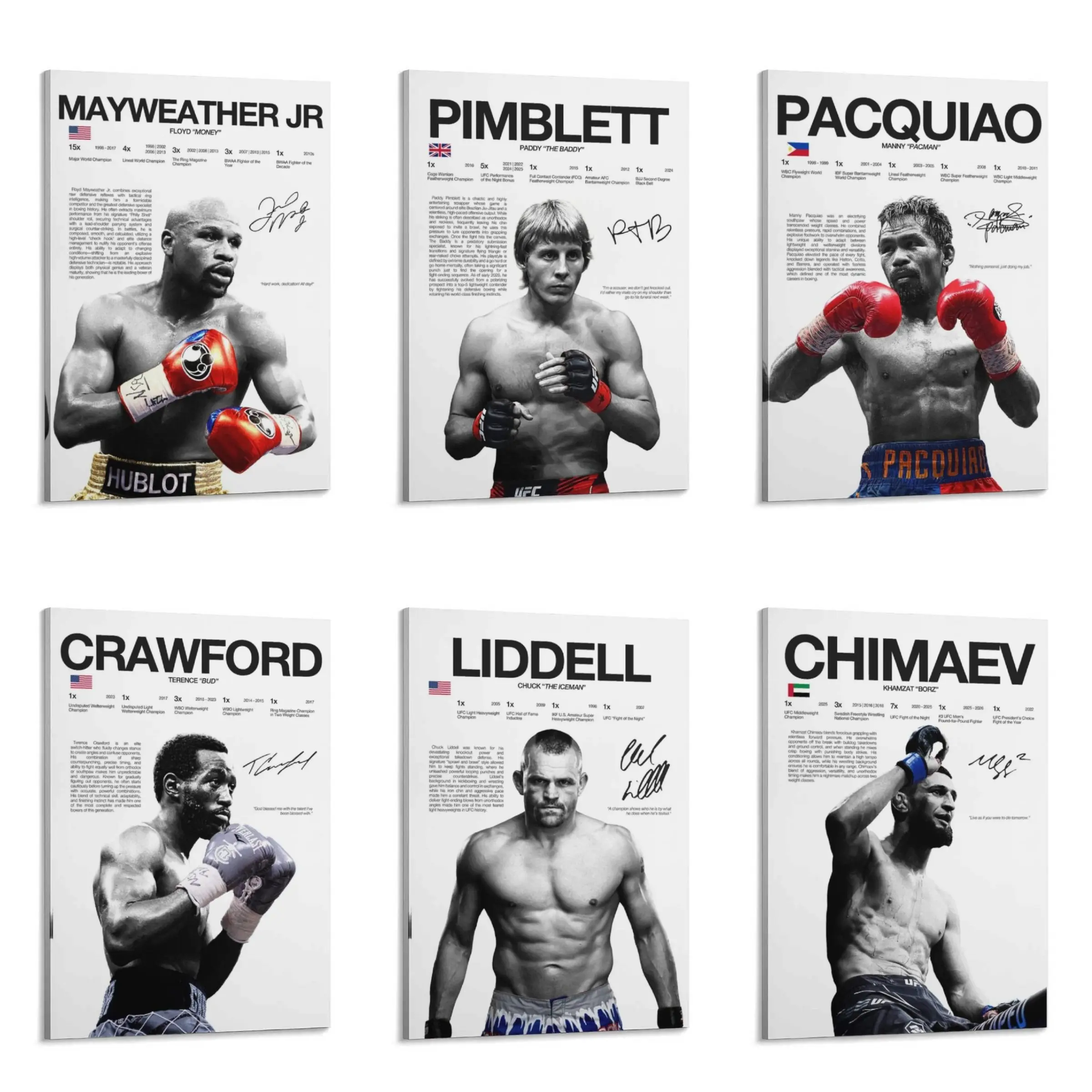 Black-White Boxing & UFC Stars Signature Canvas Print Wall Art Collection - Decorative Collectibles with Mayweather, Pacquiao, Pimblett, Crawford, Liddell, Chimaev Career Stats - Vintage Home Decor Posters for Gym, Office - Ideal Occasion Gift